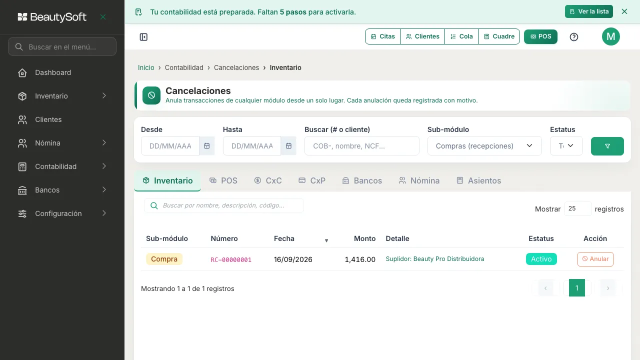 Pantalla de Cancelaciones con los filtros de fecha, el buscador, el sub-módulo y las pestañas Inventario, POS, CxC, CxP, Bancos, Nómina y Asientos