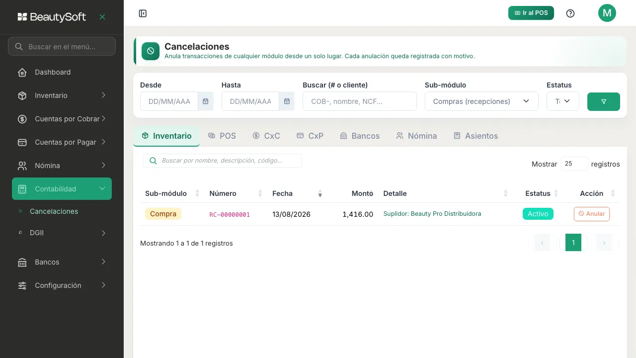 Pantalla de Cancelaciones con los filtros de fecha, el buscador, el sub-módulo y las pestañas Inventario, POS, CxC, CxP, Bancos, Nómina y Asientos