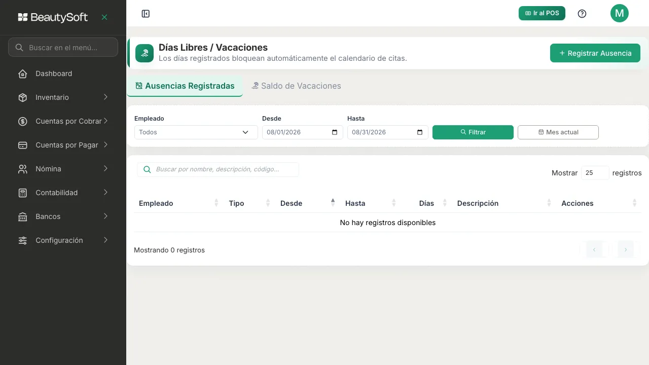 Pestaña Ausencias Registradas con los filtros de empleado, desde y hasta, y la tabla todavía sin ausencias