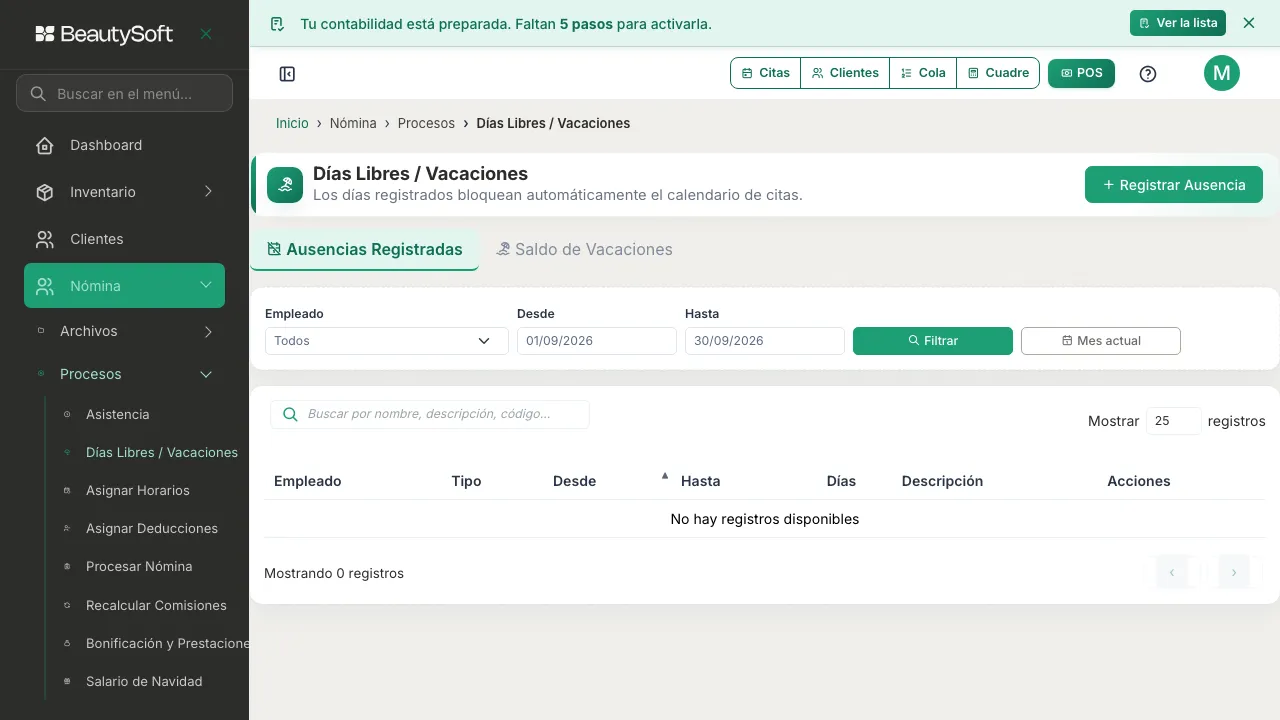 Pestaña Ausencias Registradas con los filtros de empleado, desde y hasta, y la tabla todavía sin ausencias