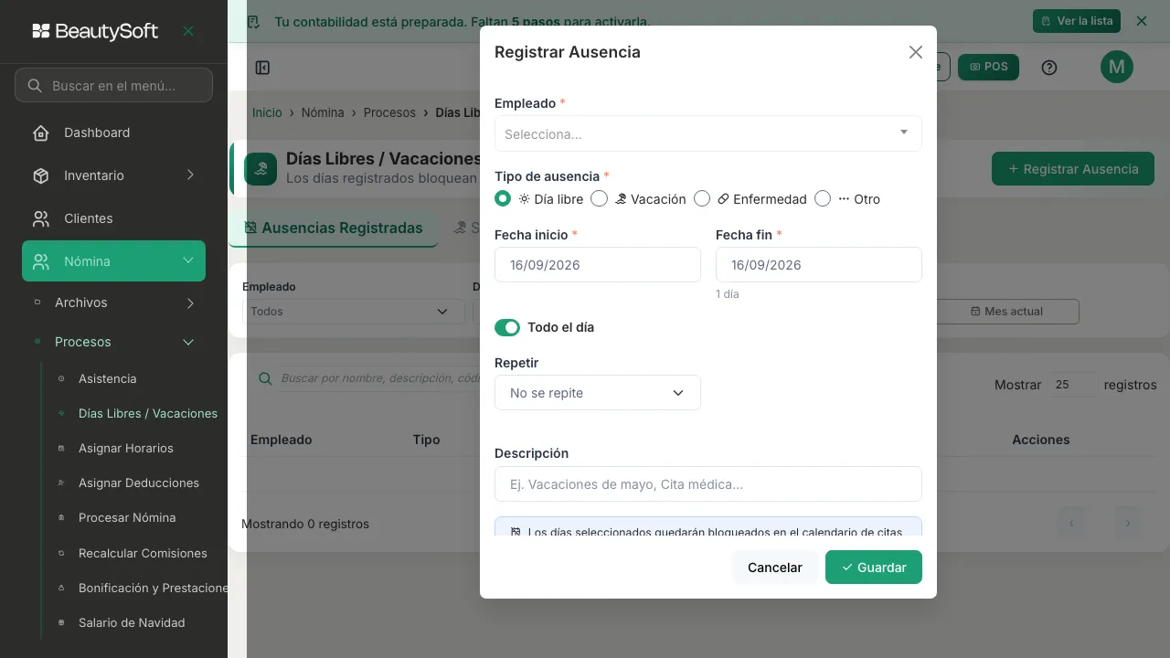 Ventana Registrar Ausencia recién abierta, con el buscador de empleado, las cuatro opciones de tipo de ausencia y las fechas puestas en hoy
