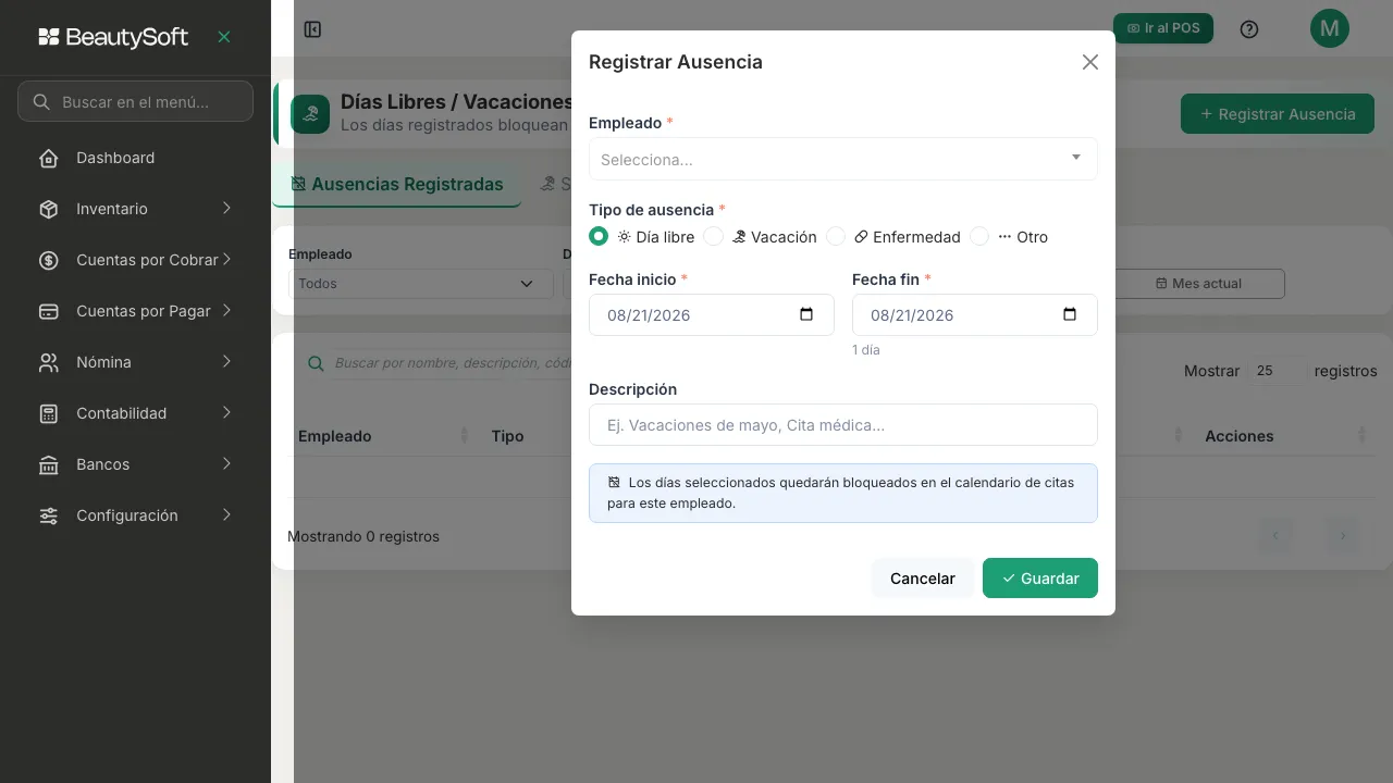 Ventana Registrar Ausencia recién abierta, con el buscador de empleado, las cuatro opciones de tipo de ausencia y las fechas puestas en hoy