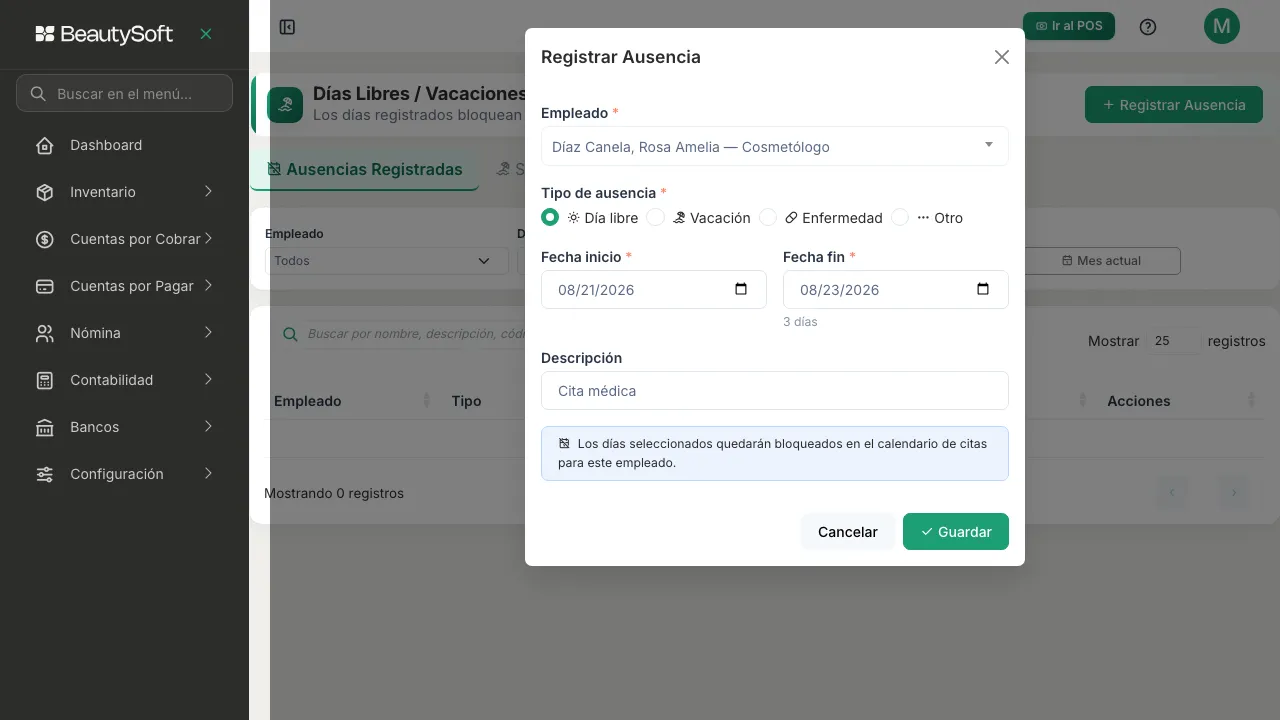 Ventana Registrar Ausencia con empleado, tipo, fechas y el contador de días llenos