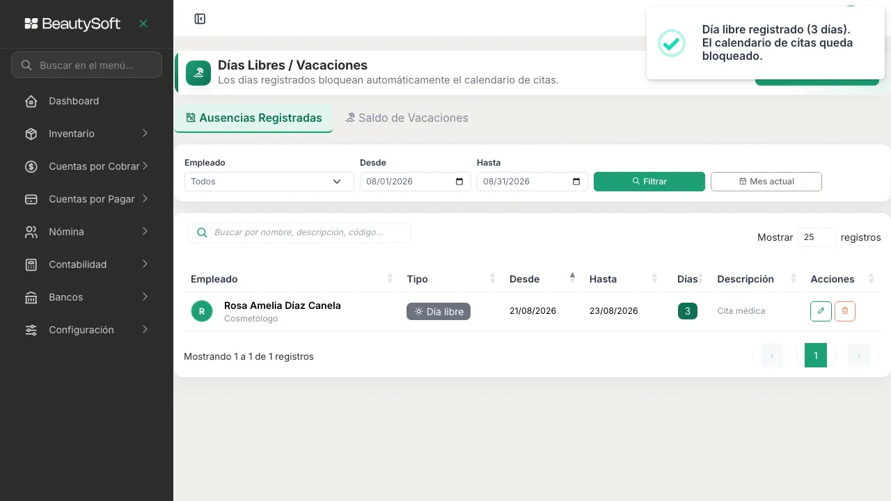 Tabla de ausencias con la nueva ausencia guardada y su etiqueta de tipo en color