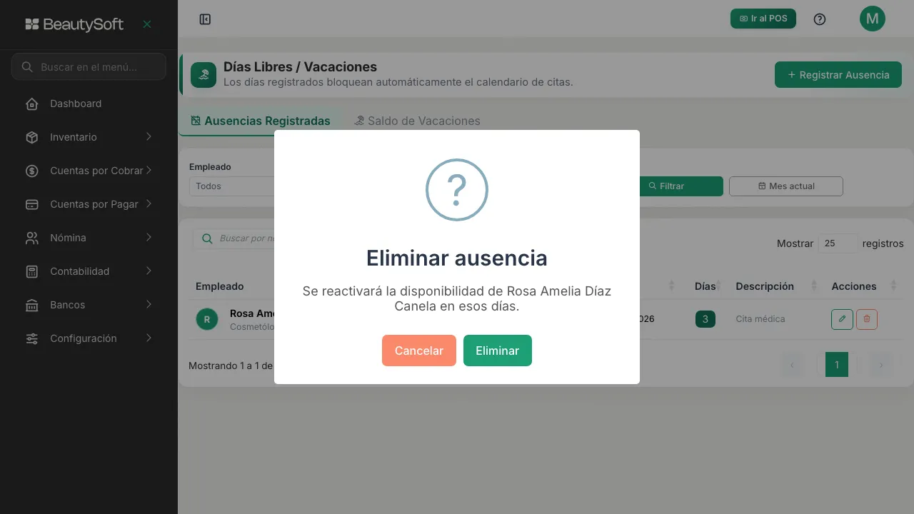 Ventana de confirmación antes de eliminar una ausencia