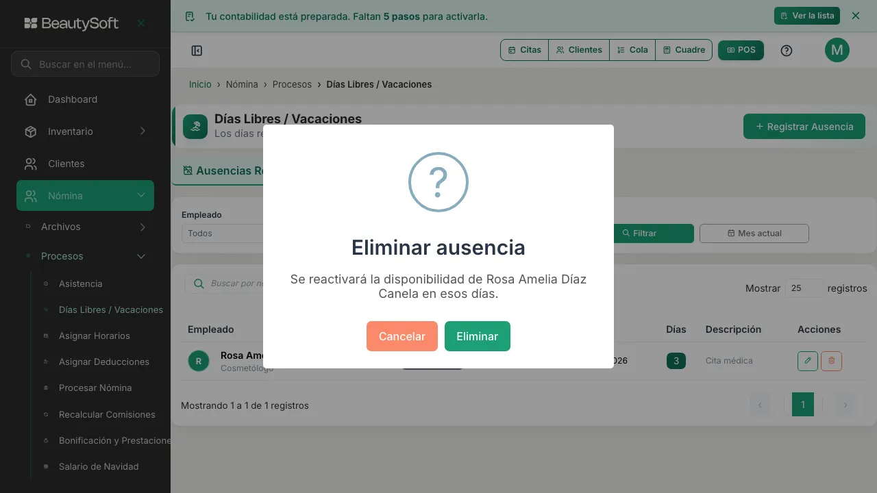 Ventana de confirmación antes de eliminar una ausencia