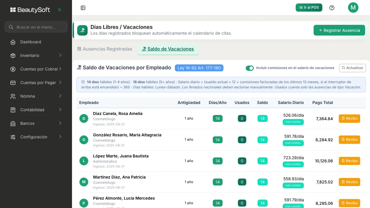 Pestaña Saldo de Vacaciones con la tabla de antigüedad, días por año, usados, saldo, salario diario y pago total