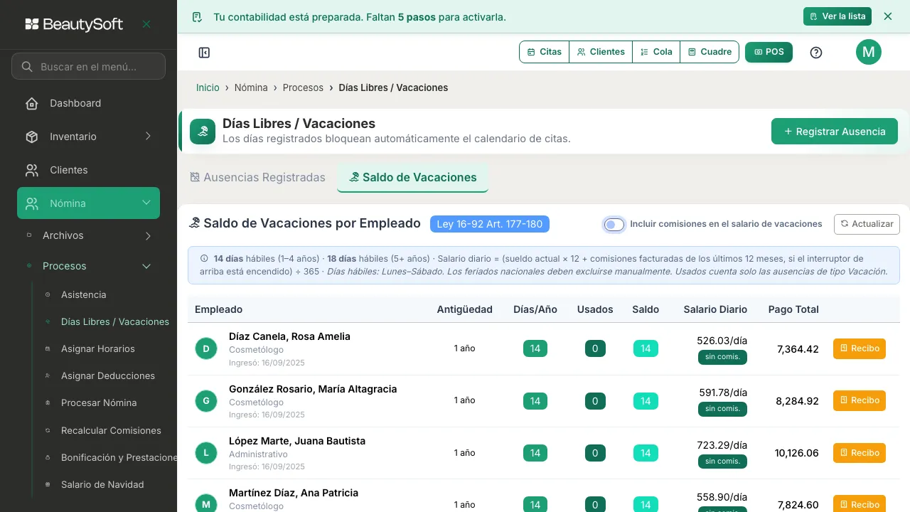 Tabla de Saldo de Vacaciones con el interruptor de incluir comisiones y el botón Actualizar