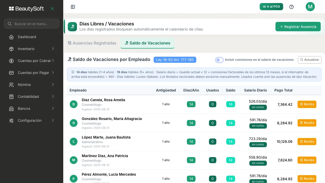 Tabla de Saldo de Vacaciones con el interruptor de incluir comisiones y el botón Actualizar