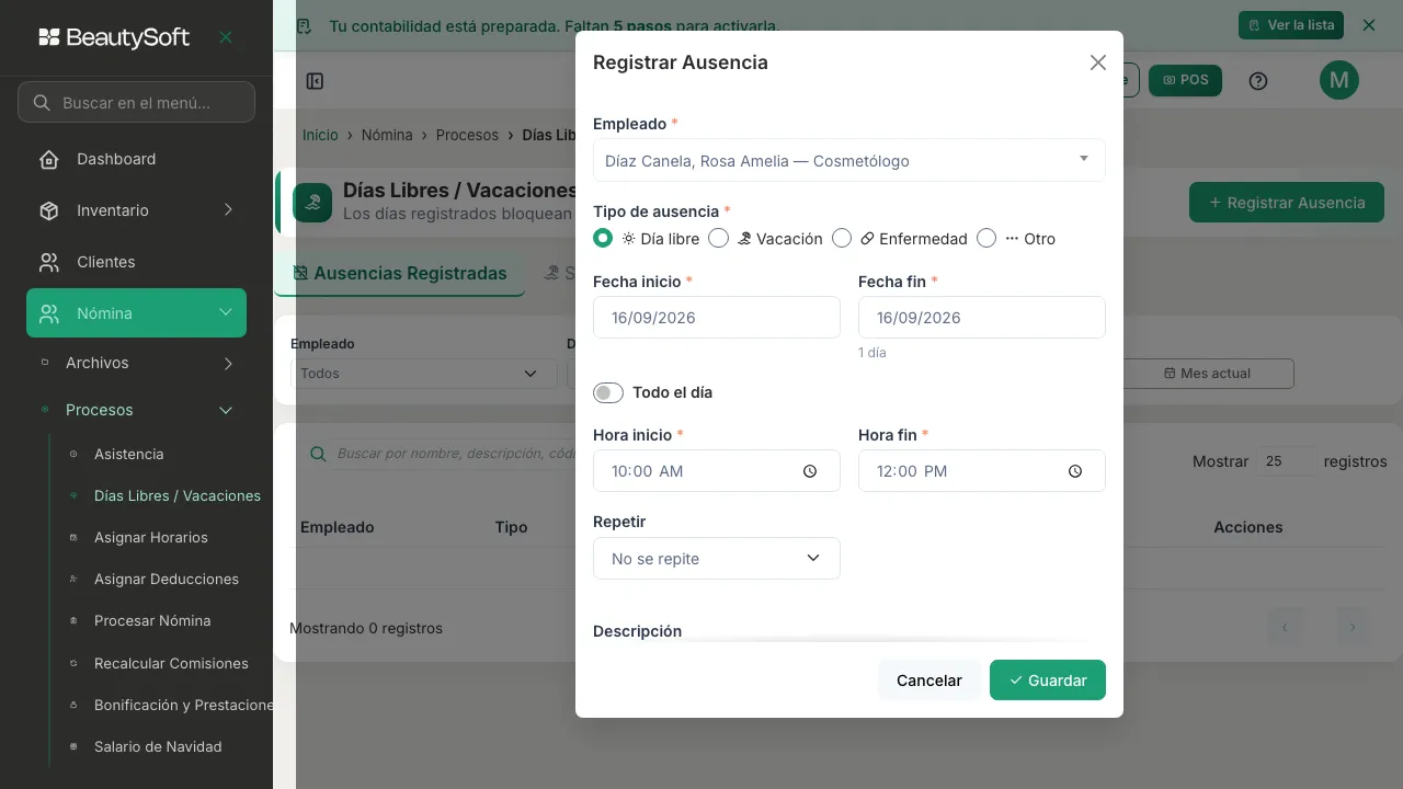 Ventana Registrar Ausencia con Todo el día apagado y los campos de hora inicio y hora fin visibles