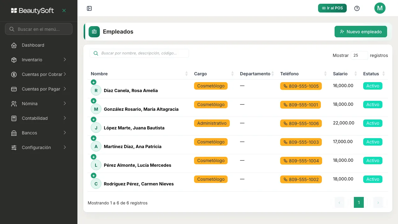 Pantalla de Empleados con la lista de empleados activos y el botón Nuevo empleado
