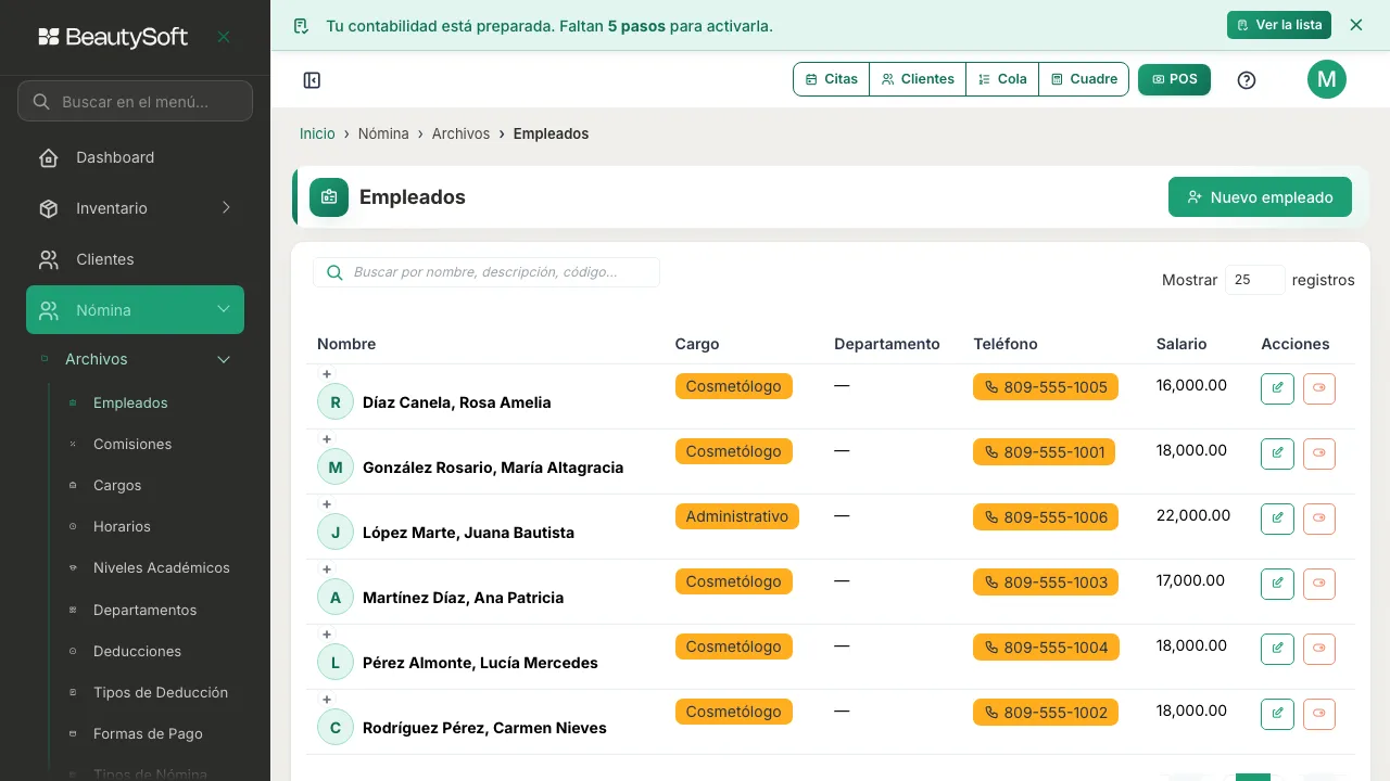 Pantalla de Empleados con la lista de empleados activos y el botón Nuevo empleado