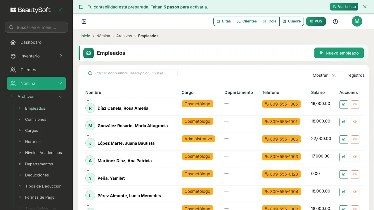 Pantalla de Empleados con el nuevo empleado ya en la lista, con su cargo y estatus Activo