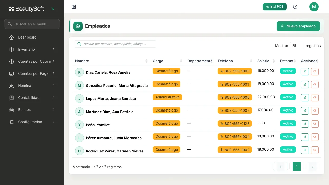 Pantalla de Empleados con el nuevo empleado ya en la lista, con su cargo y estatus Activo