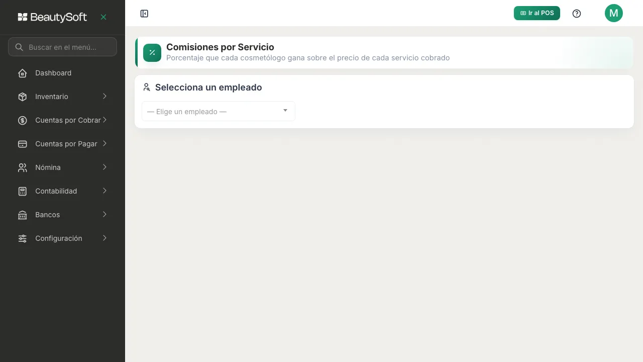 Pantalla de Comisiones por Servicio con el selector para escoger un empleado