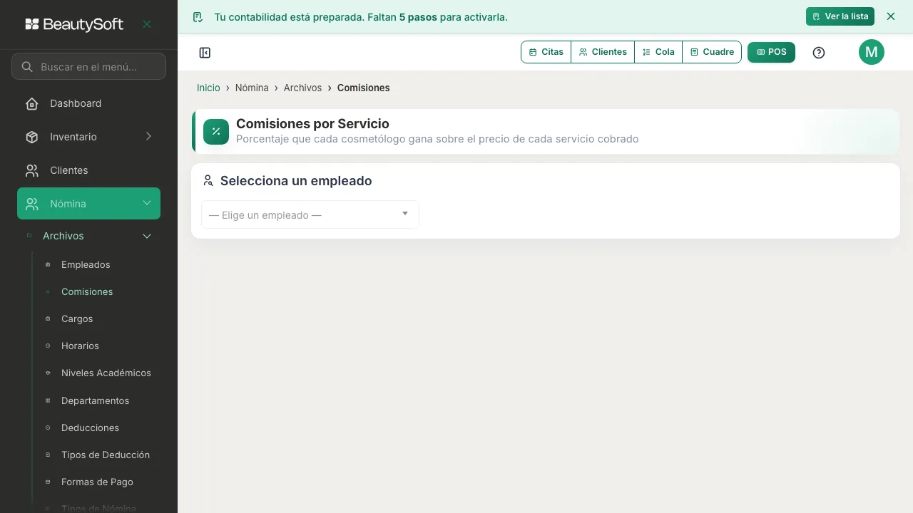 Pantalla de Comisiones por Servicio con el selector para escoger un empleado
