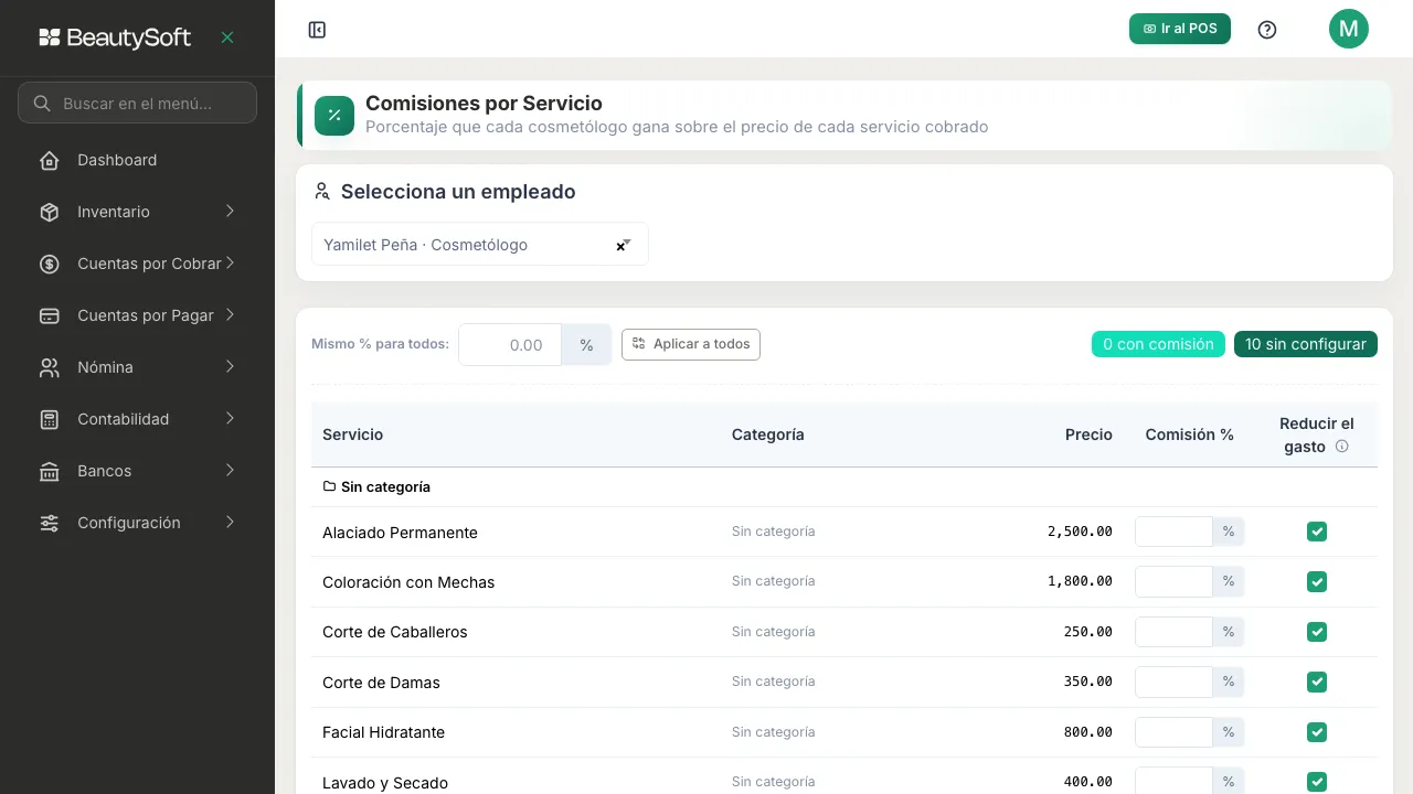 Tabla de comisiones por servicio con las casillas de Comisión % vacías y el contador de servicios sin configurar
