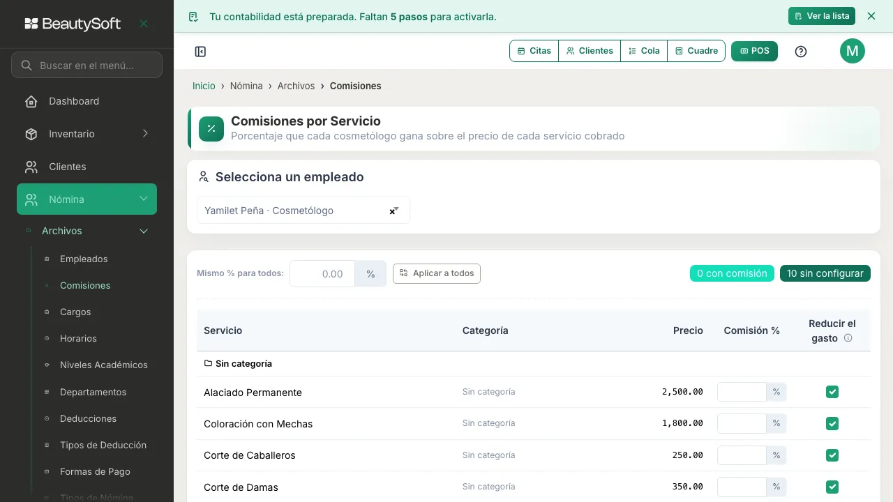 Tabla de comisiones por servicio con las casillas de Comisión % vacías y el contador de servicios sin configurar