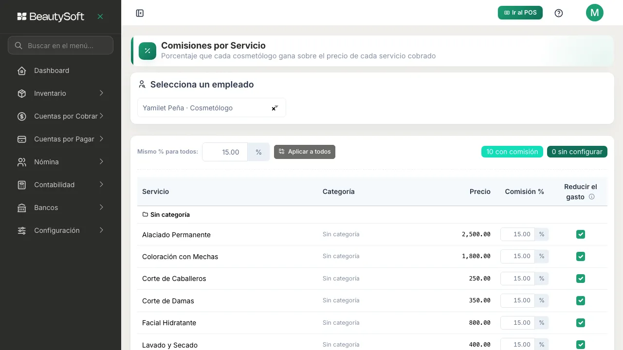 Tabla de comisiones con Mismo % para todos en 15.00 y todas las casillas de comisión ya llenas con ese valor