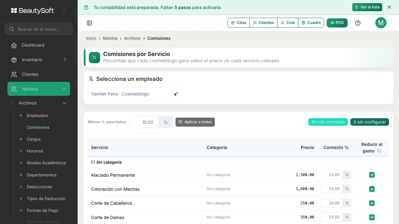Tabla de comisiones con Mismo % para todos en 15.00 y todas las casillas de comisión ya llenas con ese valor