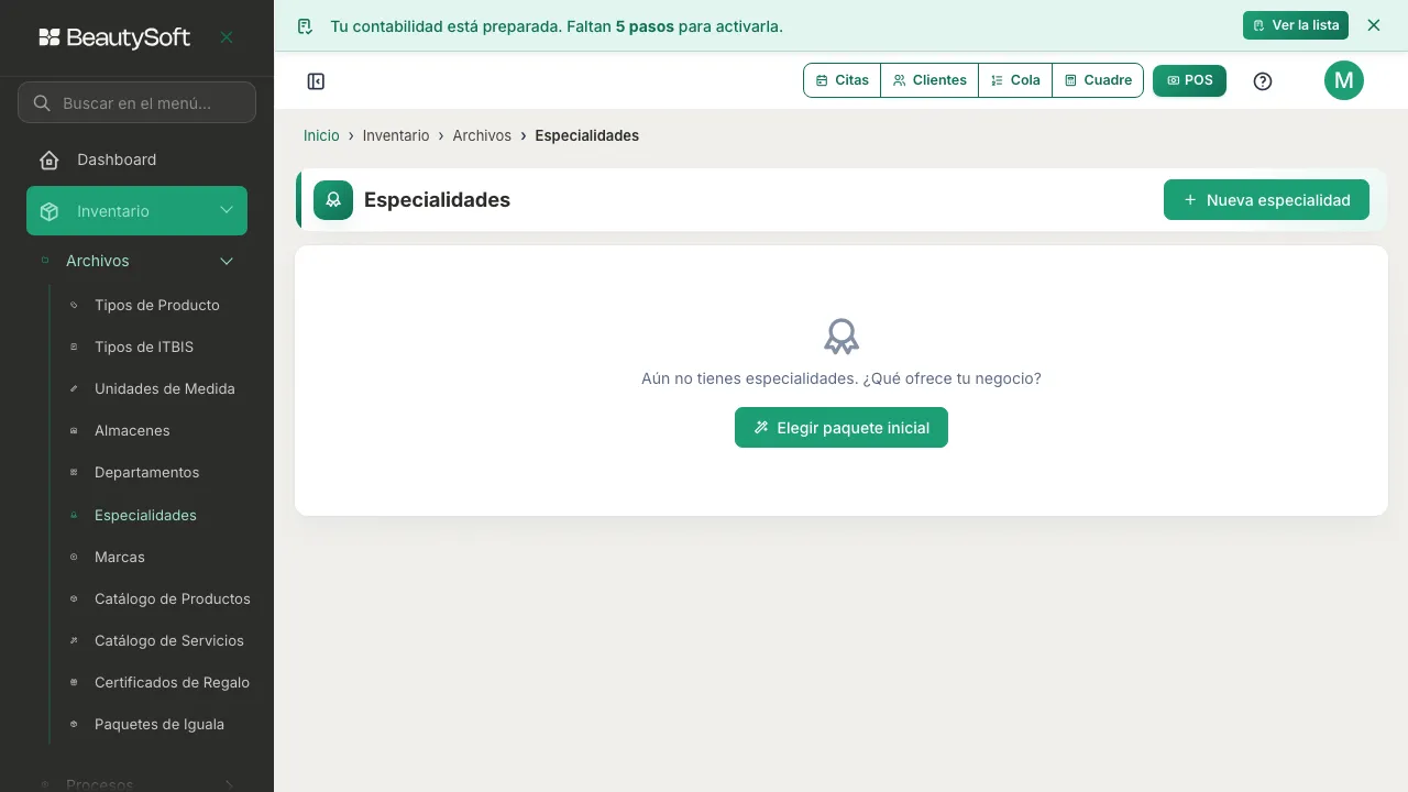 Pantalla de Especialidades vacía, con el mensaje Aún no tienes especialidades y el botón Elegir paquete inicial
