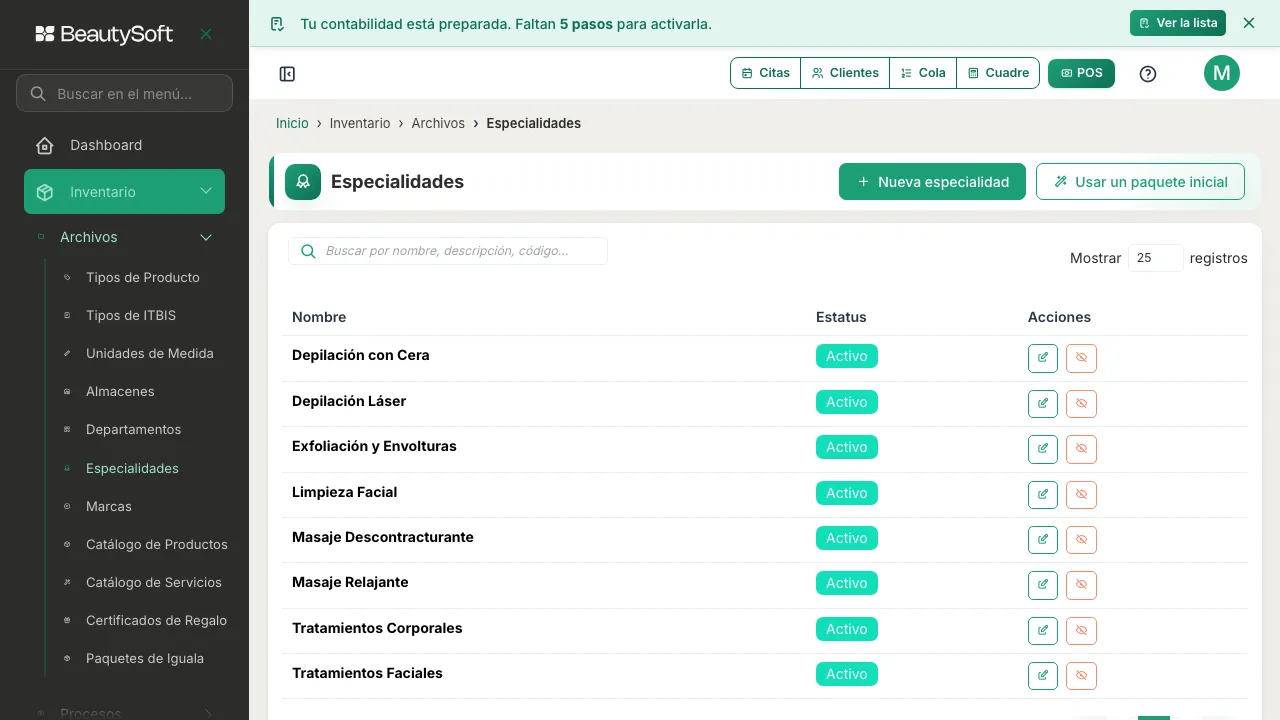 Pantalla de Especialidades con las ocho especialidades que creó el paquete de Spa y Masajes más Estética Facial