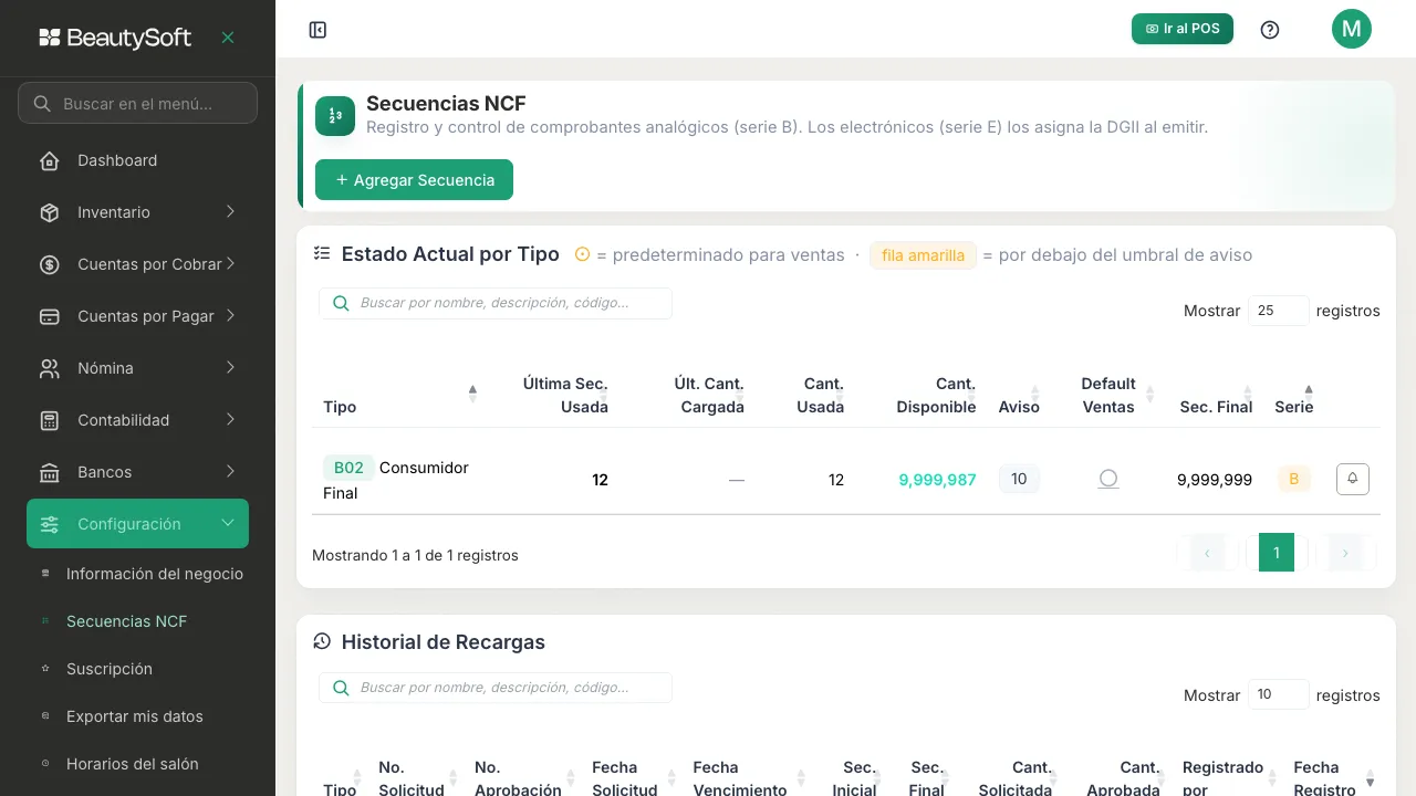 Pantalla de Secuencias NCF con la tabla Estado Actual por Tipo, mostrando Crédito Fiscal y Consumidor Final con su cantidad disponible y su serie