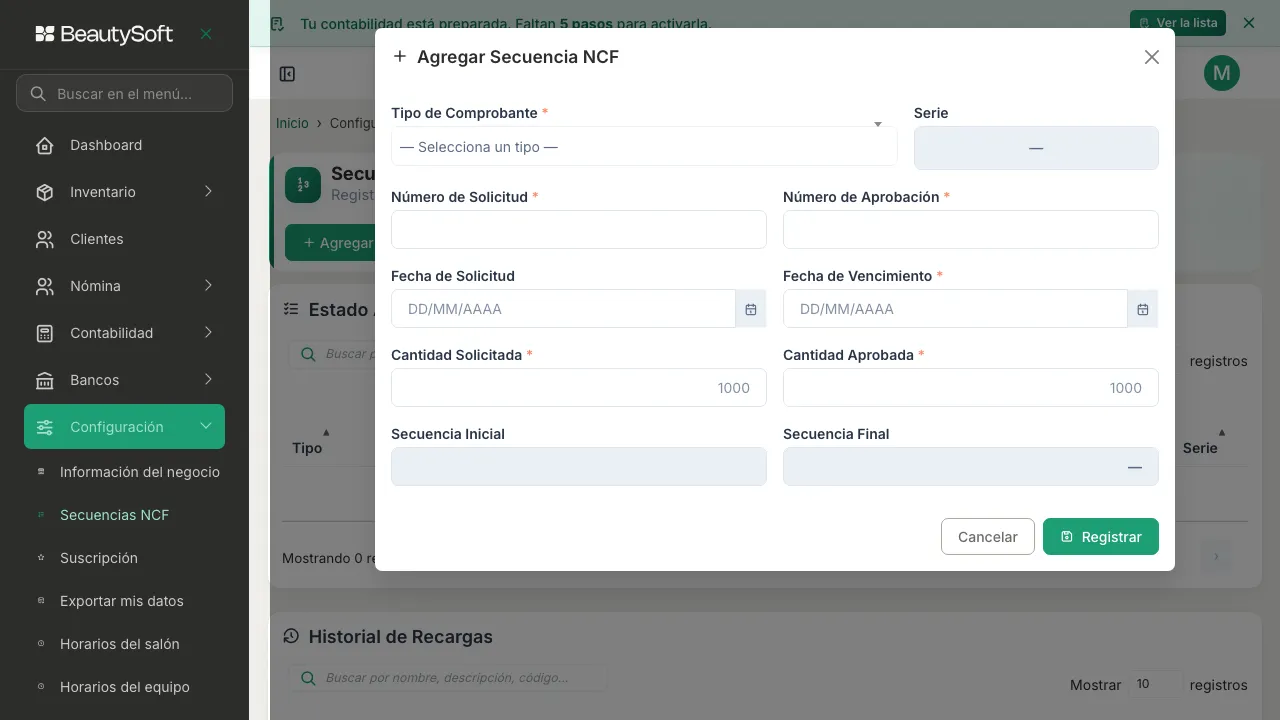 Ventana Agregar Secuencia NCF vacía, con tipo de comprobante, número de solicitud, número de aprobación, fechas y cantidades