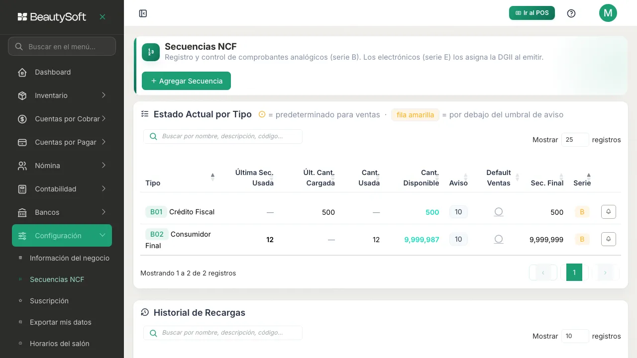 Pantalla de Secuencias NCF con la cantidad disponible de Crédito Fiscal ya subida después de registrar la secuencia nueva