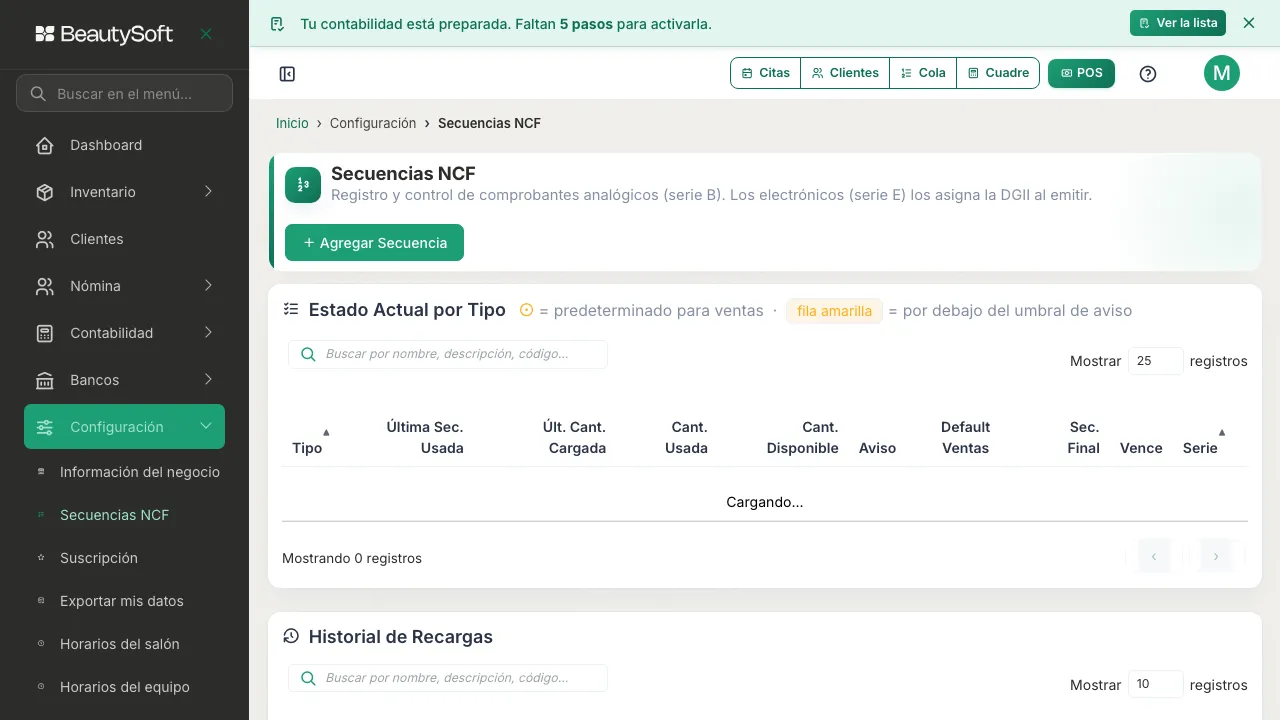 Pantalla de Secuencias NCF con la cantidad disponible de Crédito Fiscal ya subida después de registrar la secuencia nueva