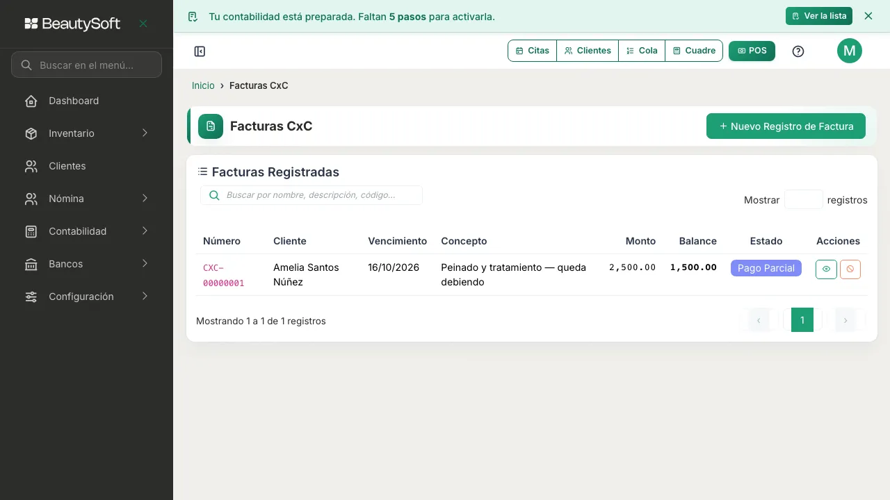 Pantalla Facturas CxC con una deuda ya registrada y el botón Nuevo Registro de Factura arriba a la derecha