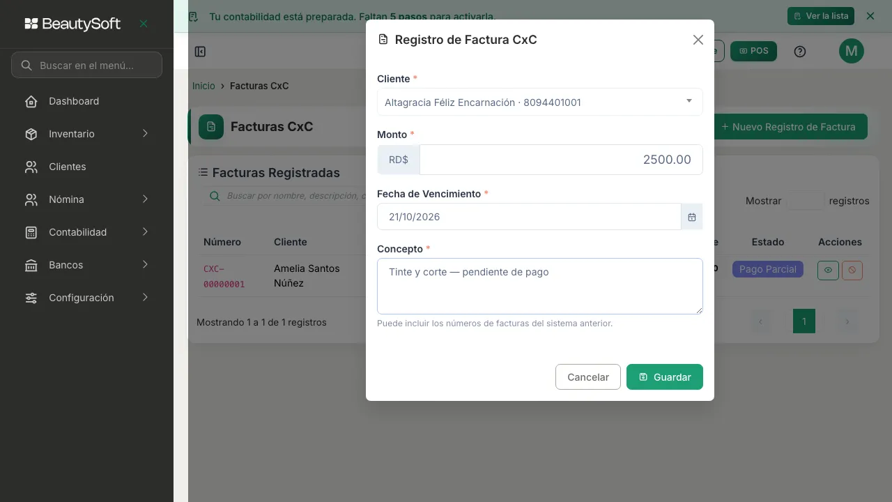 Ventana Registro de Factura CxC con los campos Cliente, Monto, Fecha de Vencimiento y Concepto llenos