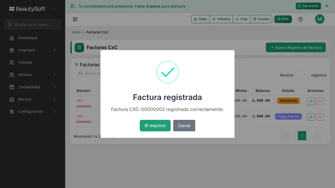 Aviso de factura registrada con el número CXC-00000001 y los botones Imprimir y Cerrar