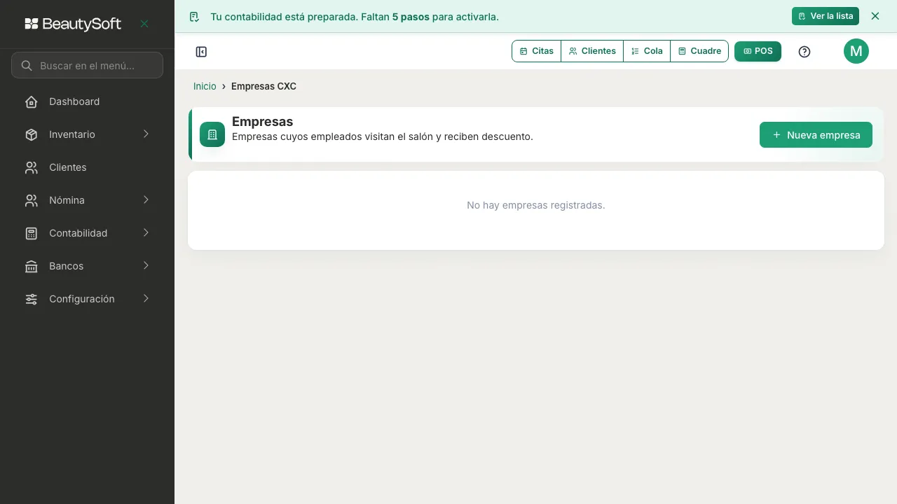 Pantalla Empresas con el botón Nueva empresa y la lista de empresas registradas