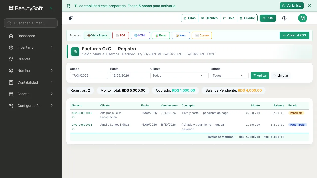 Reporte Reg. Facturas con el filtro de fechas y el listado de facturas a crédito