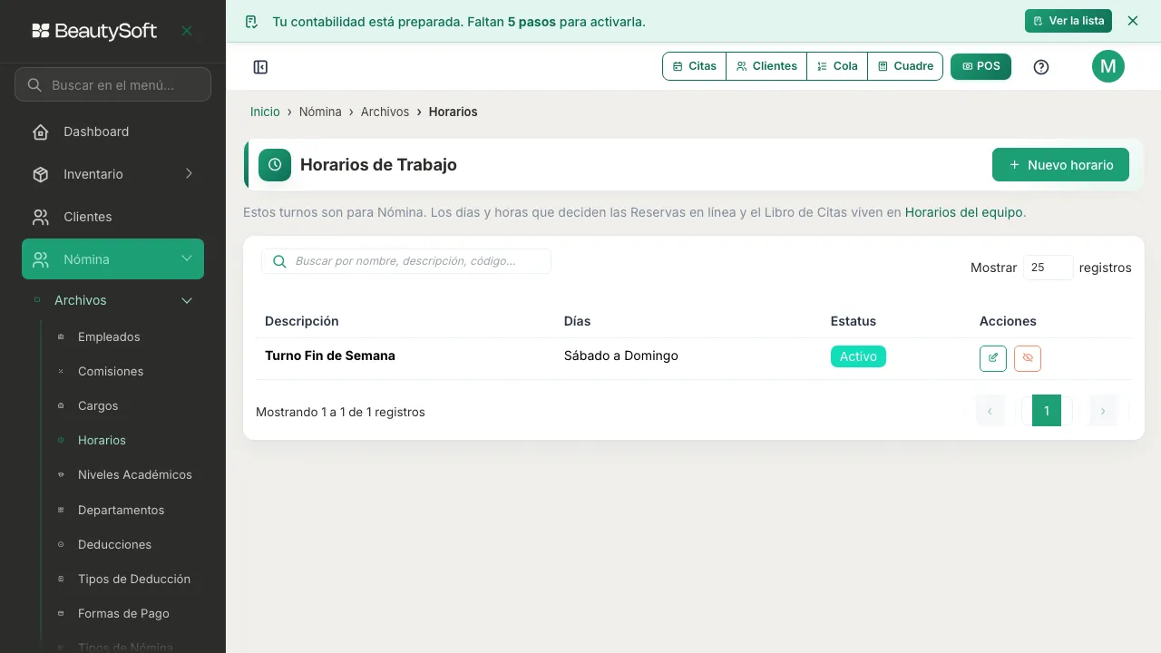 Pantalla de Horarios con la tabla de turnos y el botón Nuevo horario