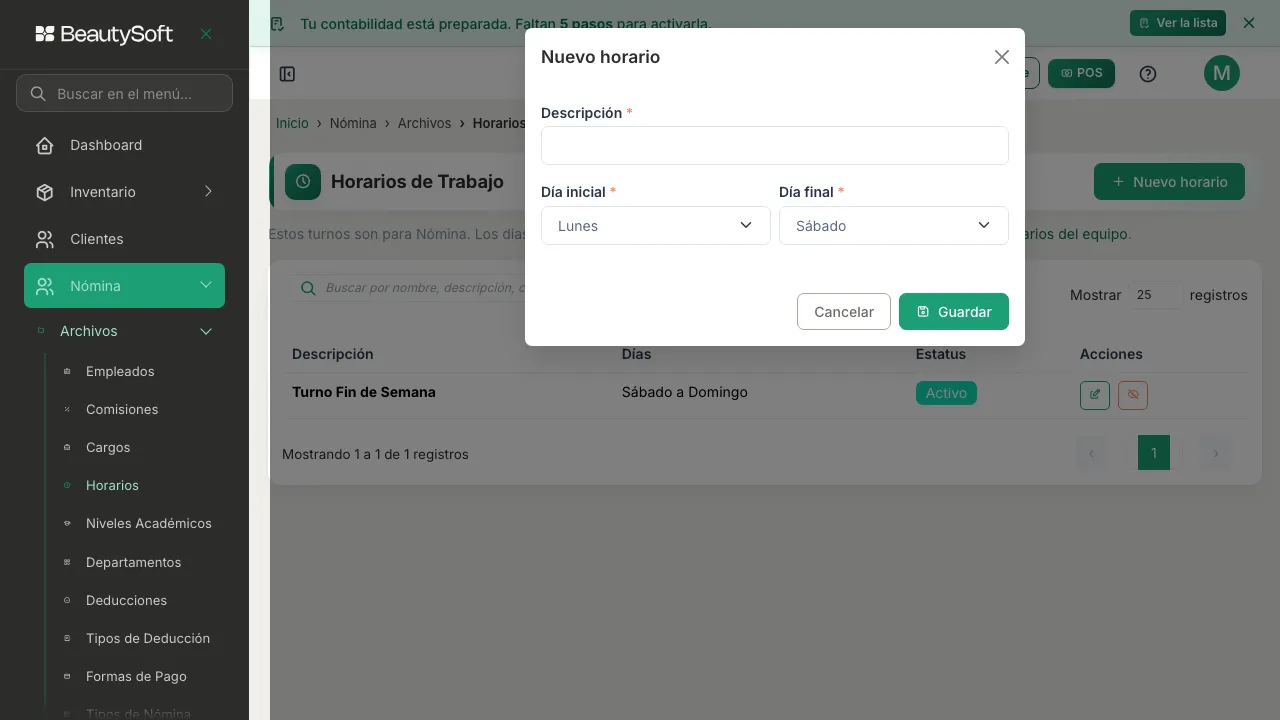 Modal Nuevo horario vacío con los campos Descripción, Día inicial y Día final