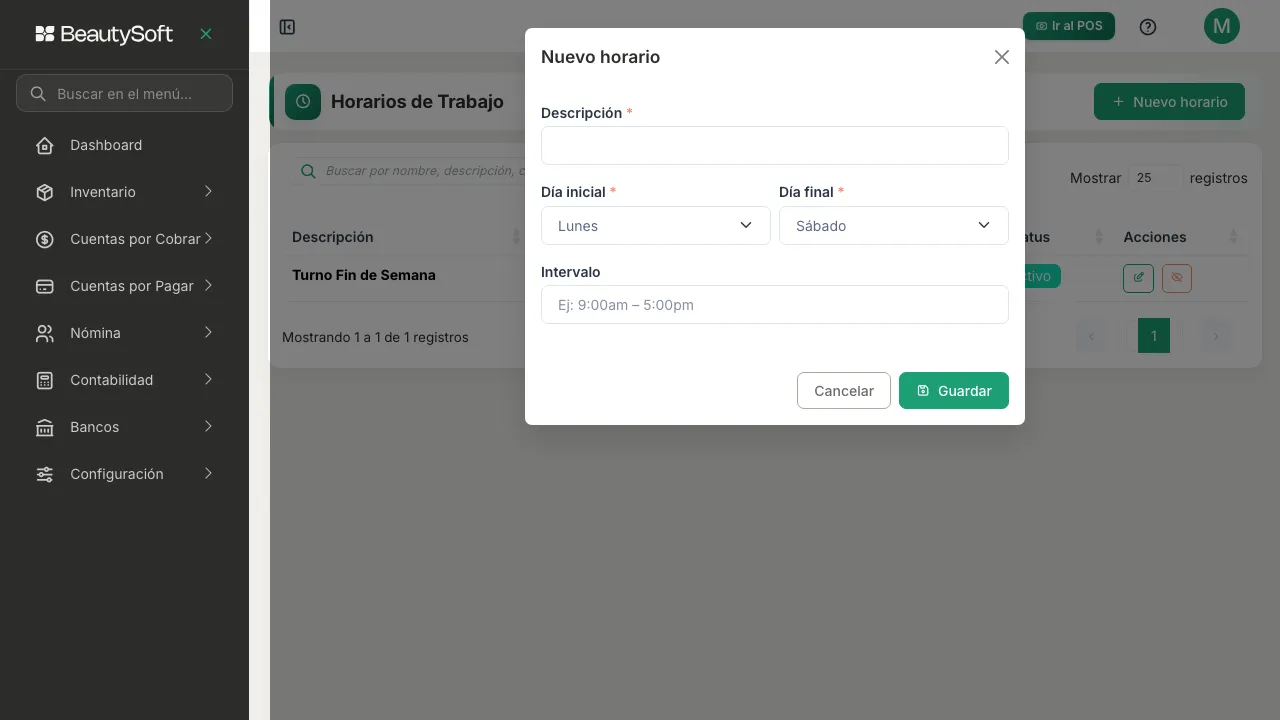 Modal Nuevo horario vacío con los campos Descripción, Día inicial, Día final e Intervalo