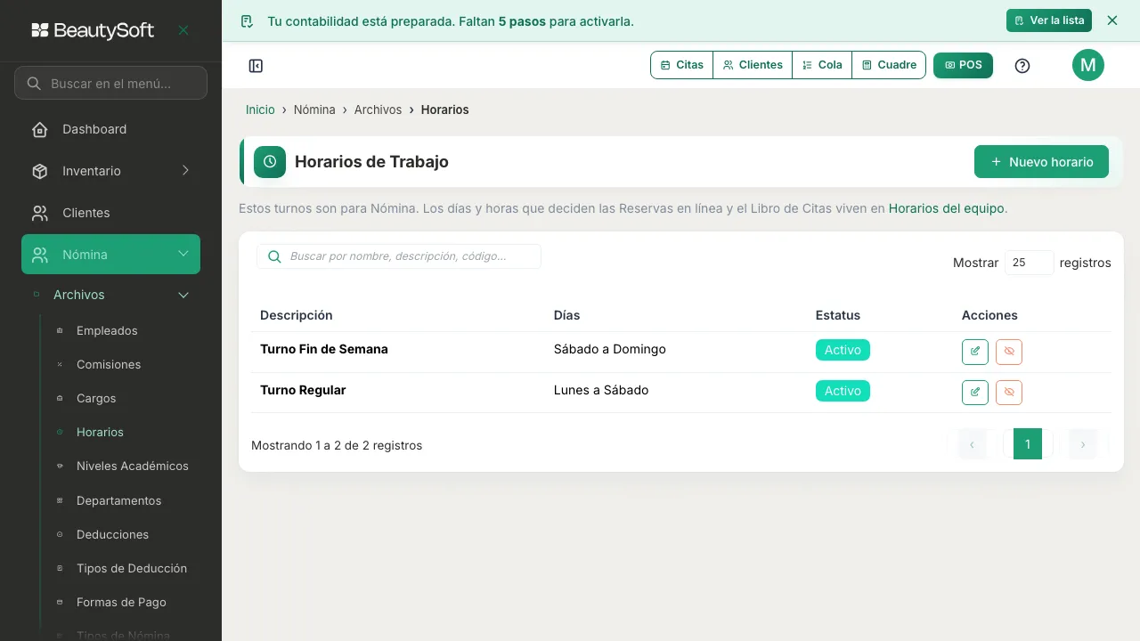 Tabla de Horarios con el turno Turno Regular ya guardado, mostrando los días Lunes a Sábado