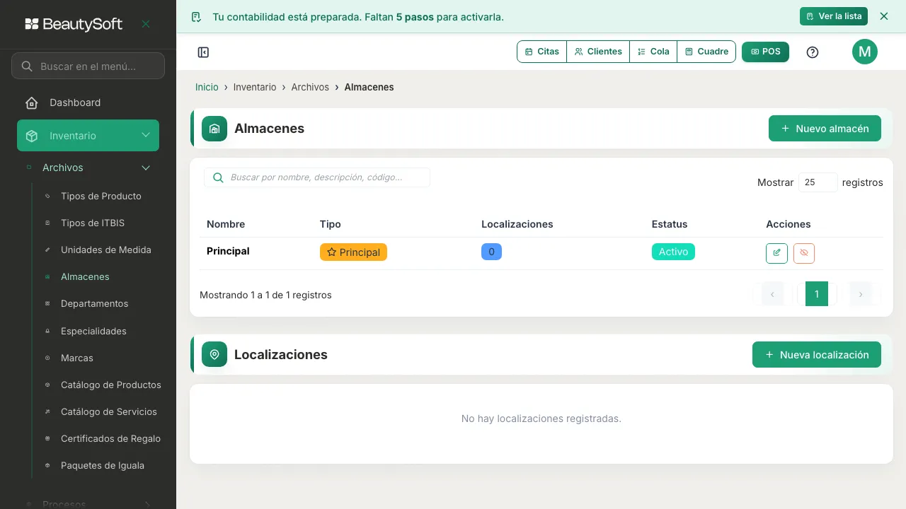 Pantalla de Almacenes con el almacén Principal y la lista de Localizaciones debajo, con el botón Nueva localización