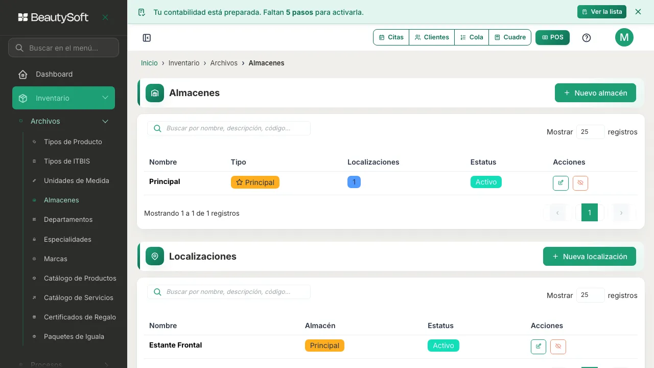 Pantalla de Almacenes con el contador de localizaciones del almacén Principal subido y la nueva localización en la lista