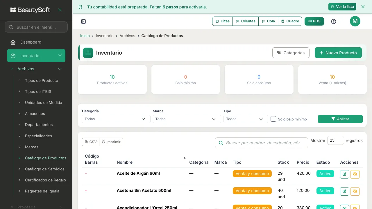 Pantalla de Inventario con la tabla de productos activos y el botón Nuevo Producto