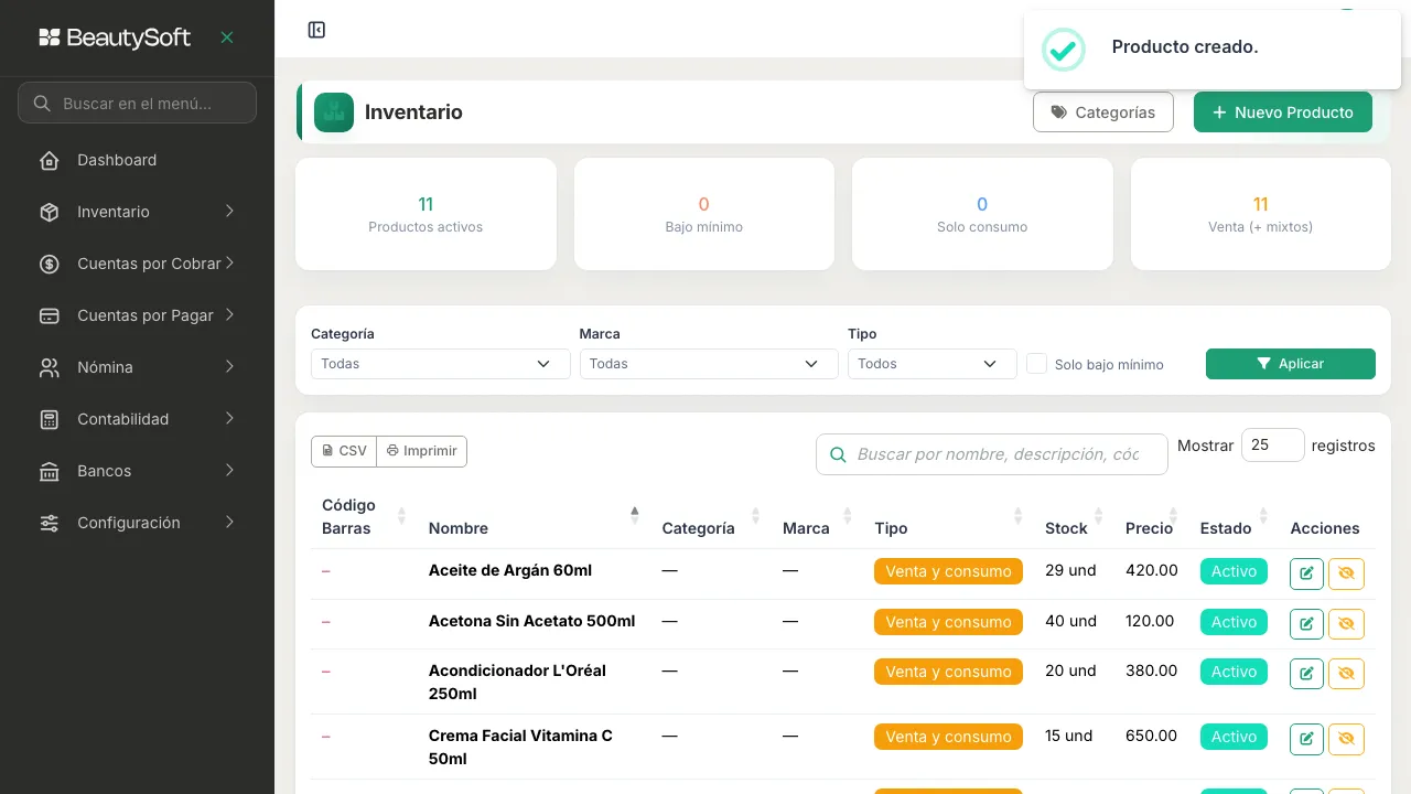 Mensaje Producto creado sobre la pantalla de Inventario, con el contador de productos activos subido en uno