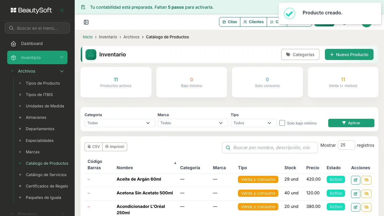 Mensaje Producto creado sobre la pantalla de Inventario, con el contador de productos activos subido en uno