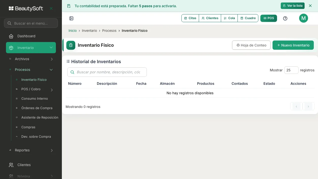Pantalla de Inventario Físico con el Historial de Inventarios y los botones Hoja de Conteo y Nuevo Inventario