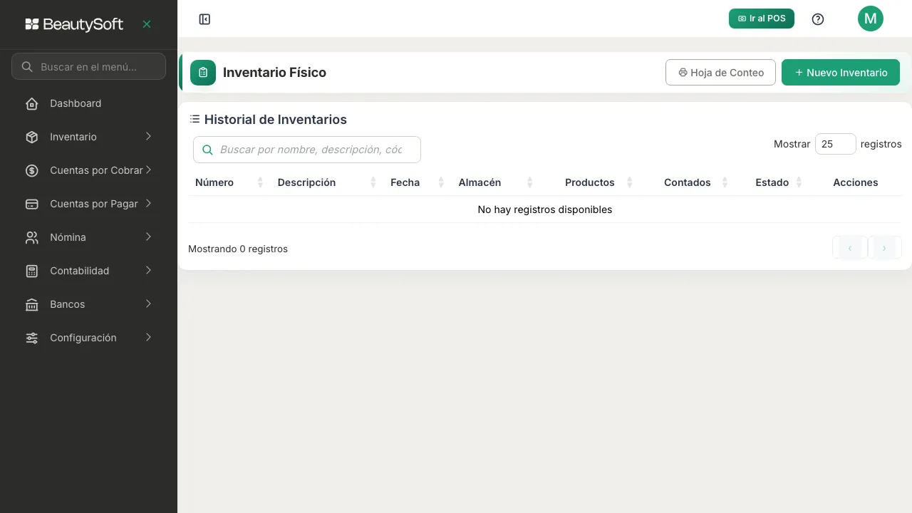 Pantalla de Inventario Físico con el Historial de Inventarios y los botones Hoja de Conteo y Nuevo Inventario