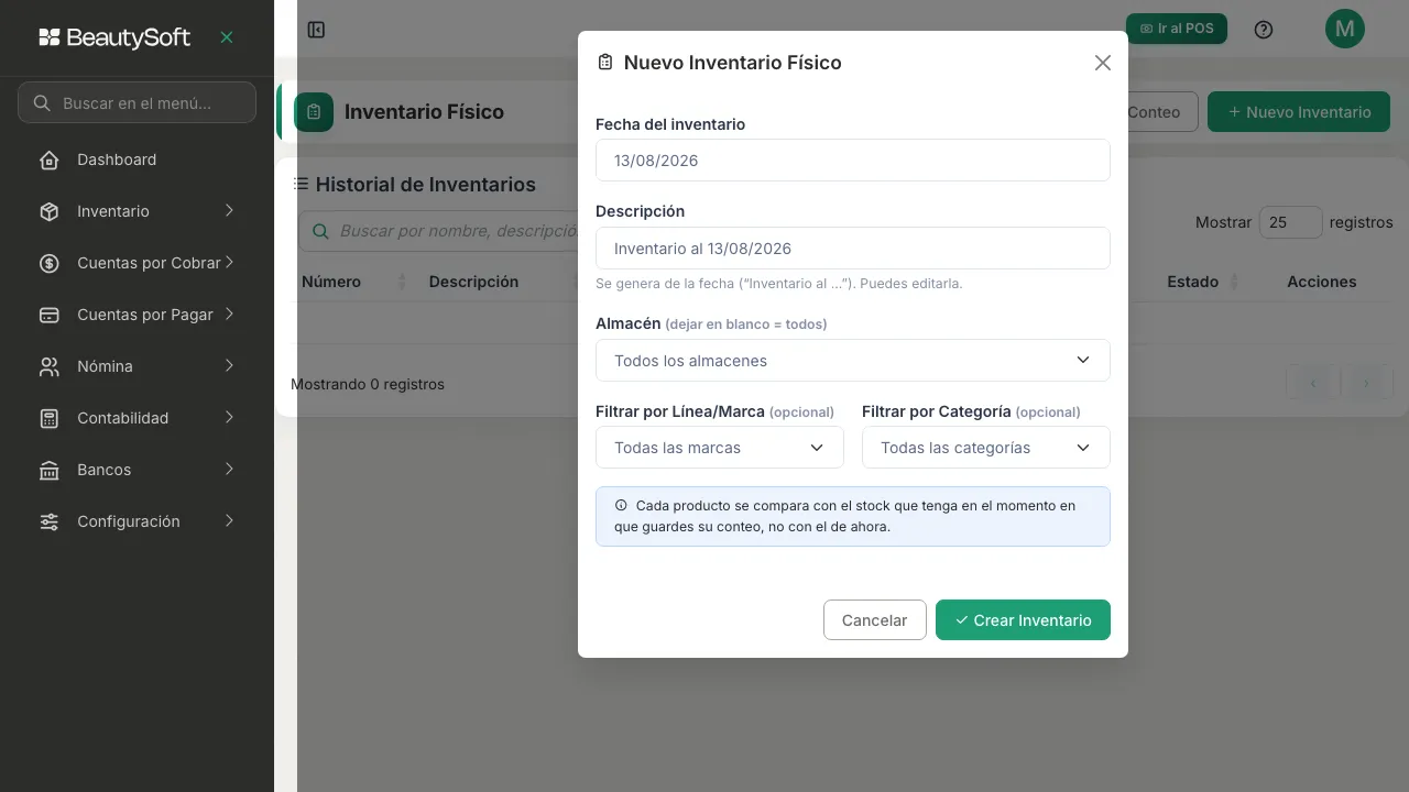 Ventana Nuevo Inventario Físico con la fecha y la descripción llenas y los filtros de almacén, marca y categoría