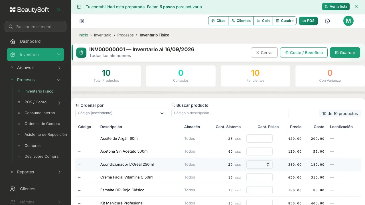 Planilla de conteo recién creada, con todos los productos pendientes y ninguno contado