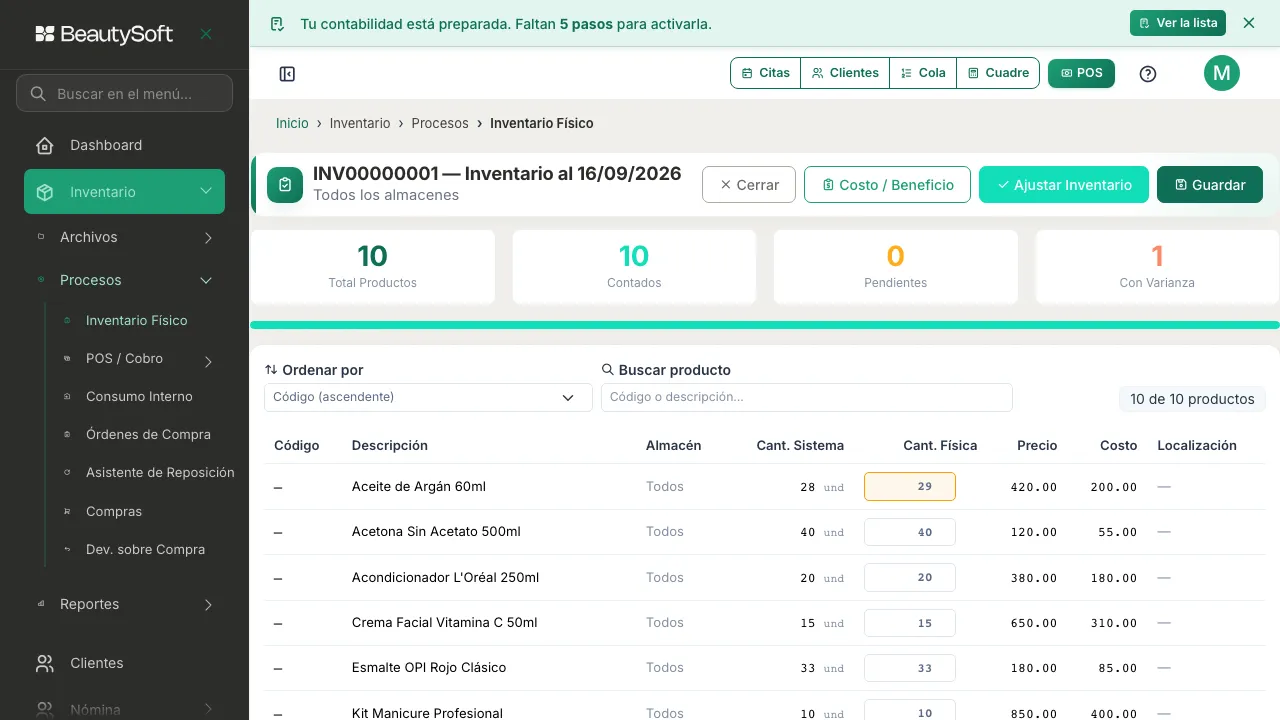 Conteos guardados: contadores actualizados y el botón Ajustar Inventario ya disponible
