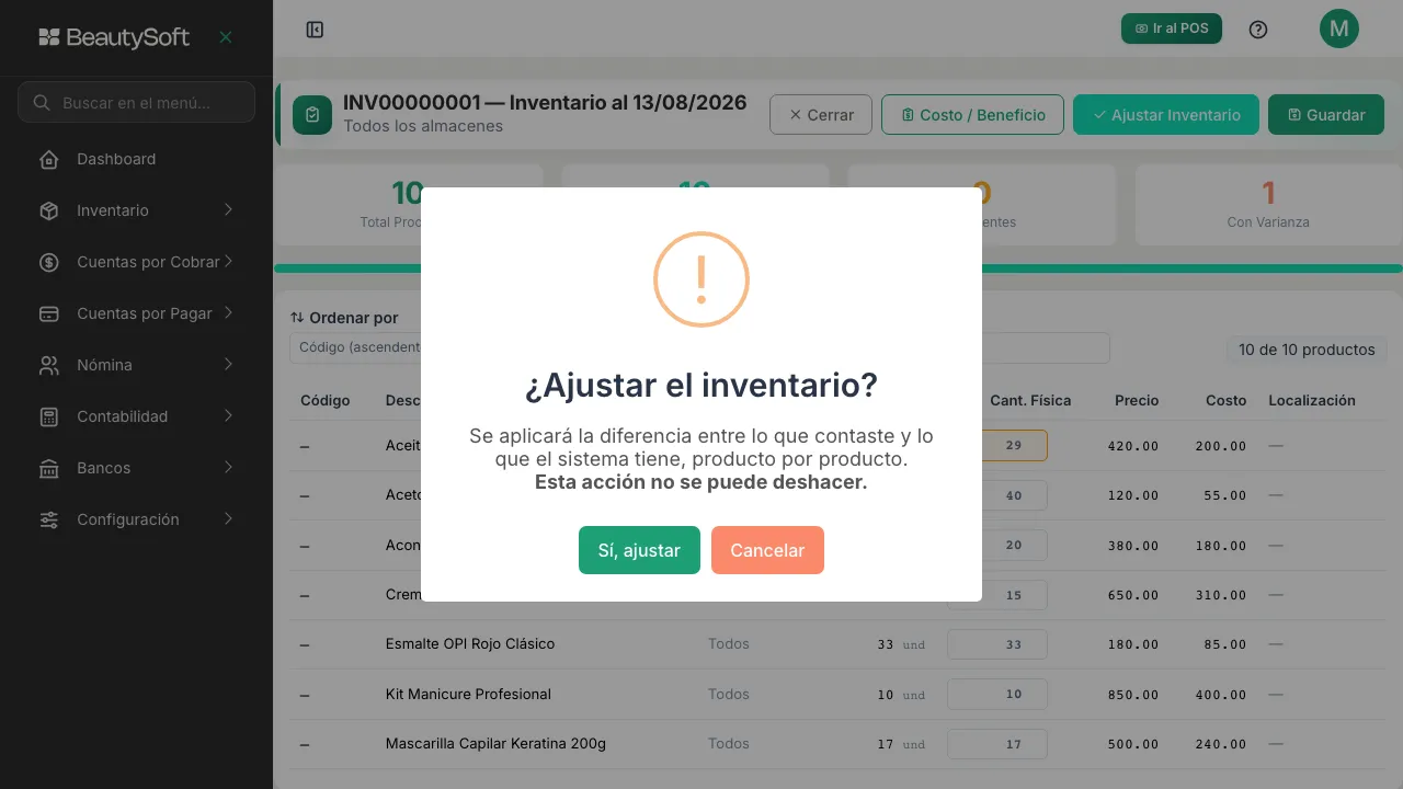 Ventana de confirmación que pregunta si ajustar el inventario y avisa que la acción no se puede deshacer